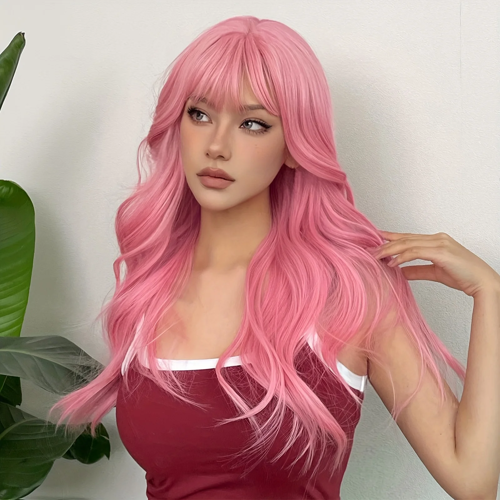 Pink Long Body Wave Hair Wigs With Bangs Synthetic Fiber Hair Wigs For Women Girls For Party Cosplay Use 24 Inch Music Festival