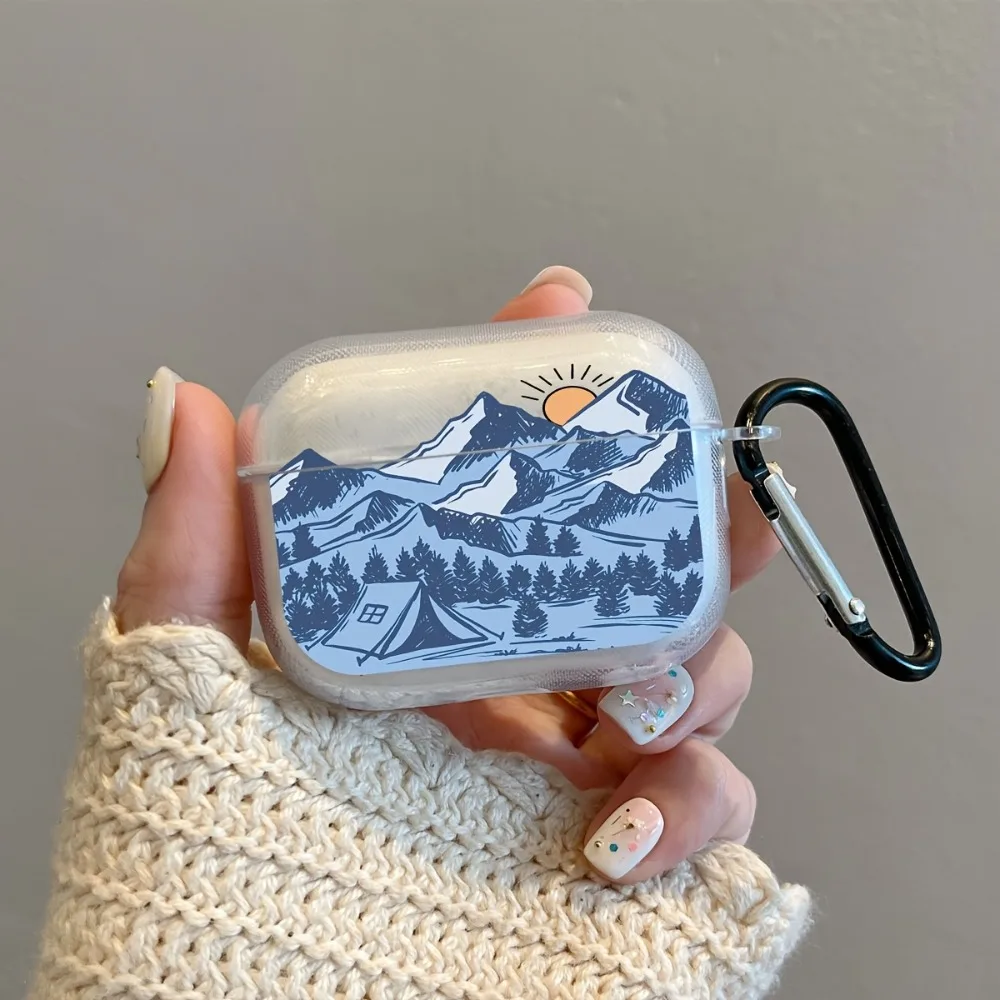 Sun Mountain Pattern Headphone Case D-shaped Buckle for AirPods Pro 3/Pro 2 /Pro/4 /3 /1or2 Headset Protective Cover Cute