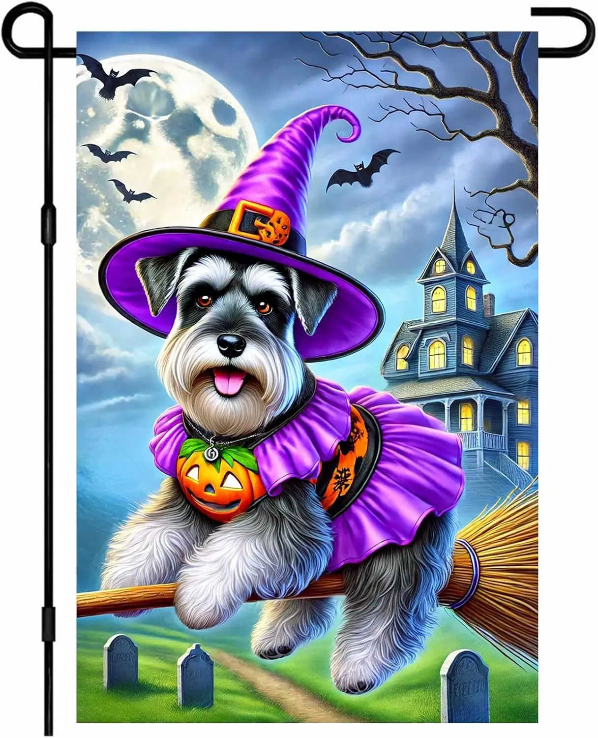 Halloween Garden Flag Witch Dog Spooky Schnauzer Garden Flag 12x18 Inch Double Sided Outdoor Decoration for Festive Season Y AAO