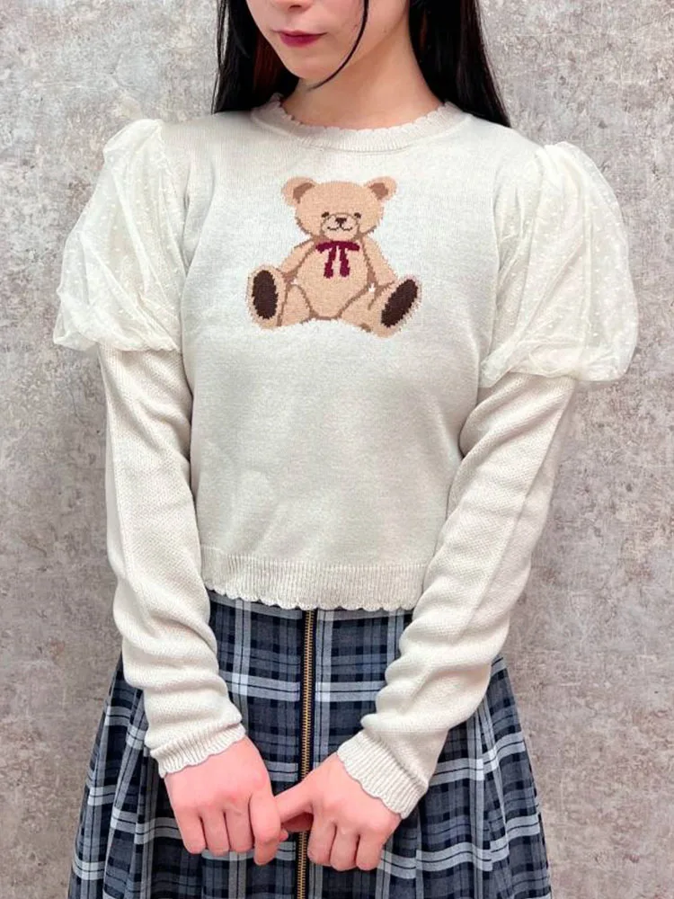 

Axes Femme Cute Knitted Bear Print Me Bubble Sve Patchwork Top Women's Winter Faion Acrylic Fiber 00% Polyester Blouse