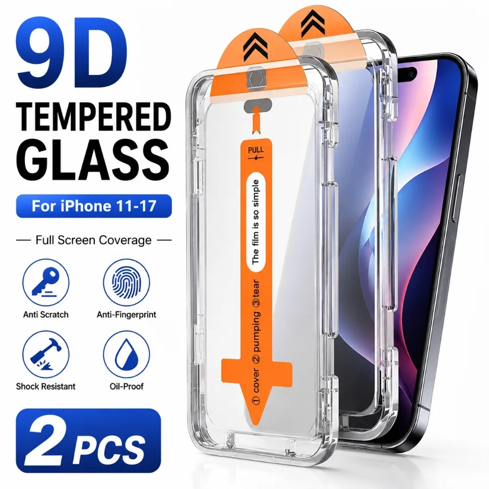 

2Pcs Full Cover Screen Protector for iPhone 17 16 15 14 Pro Max Air 17e 16e 13 12 11 Pro 15 14 Plus One Click Installation Glass