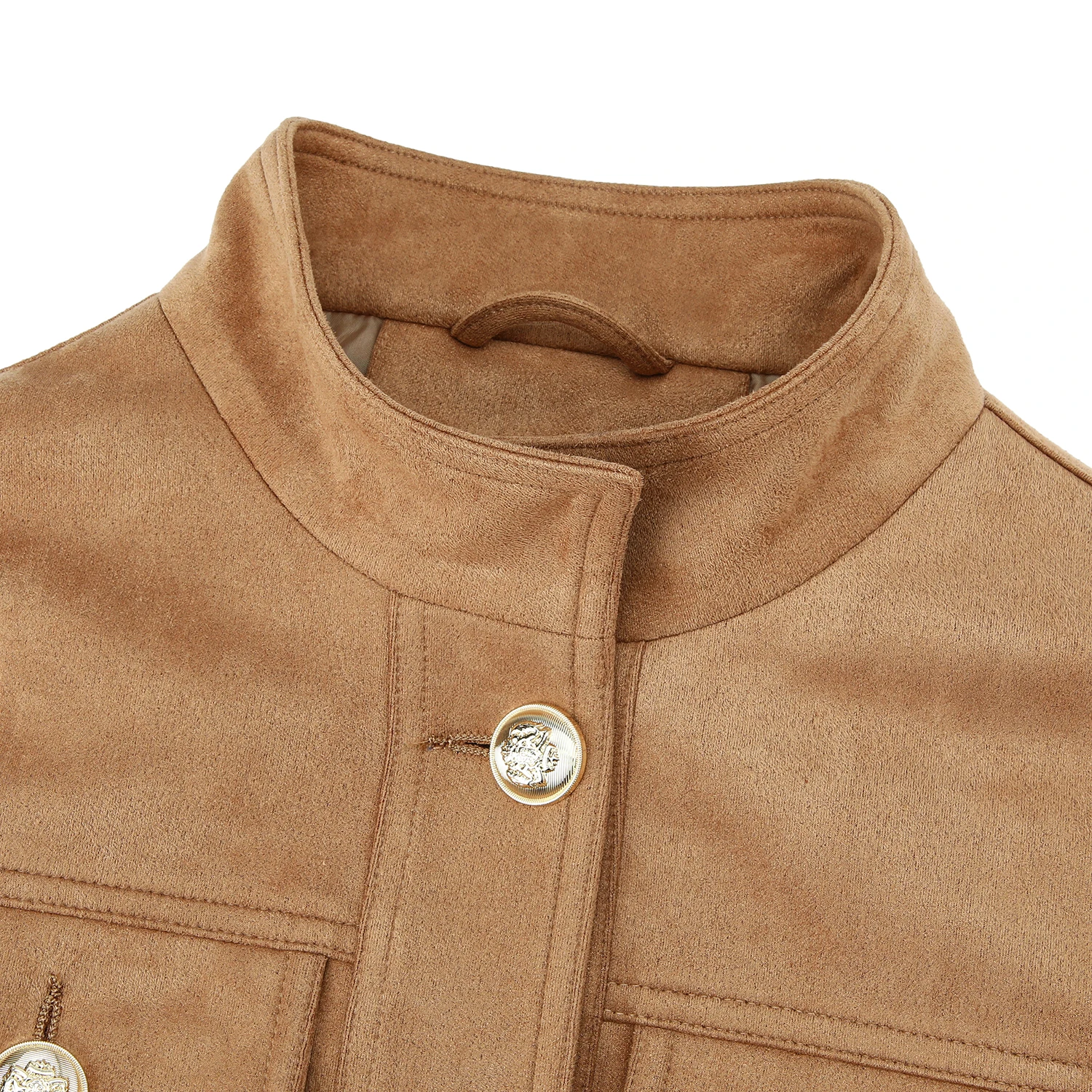 Chaqueta de ante vintage para mujer, abrigo de motociclista corto ajustado con cuello mandarín y cintura corsé en color caqui piedra, Edgy Chic