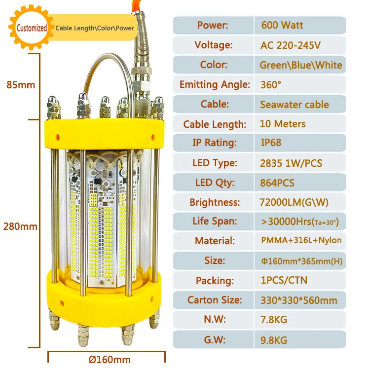 

600W 220v Green White Blue Carpfishing Squid Fishing Luring Lamp Salmon Farming Light Water Proof Fishing Lights