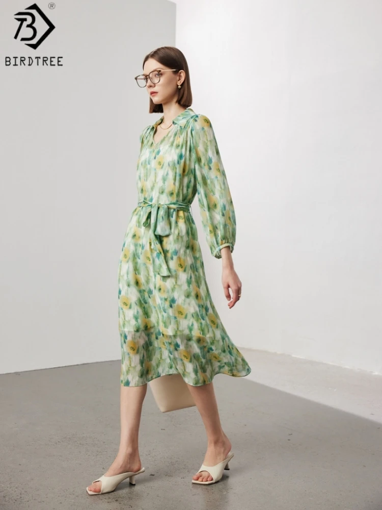 Birdtree, 100% Real Silk Print Soft Dress, Women's Qiaoqi Translucent Lapel Dresses, Two-piece Set, 2026 Spring New D61820JF