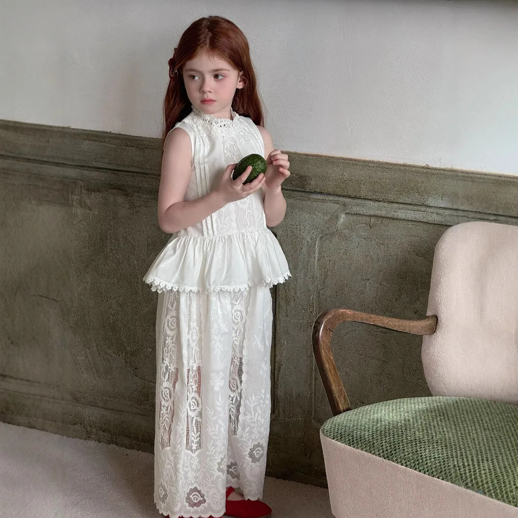 Girls Set Cotton Lace Stand Up Collar Top Wide Leg Pants 2025 Summer Outfit New Girls Sleeveless Lace Two Piece Set