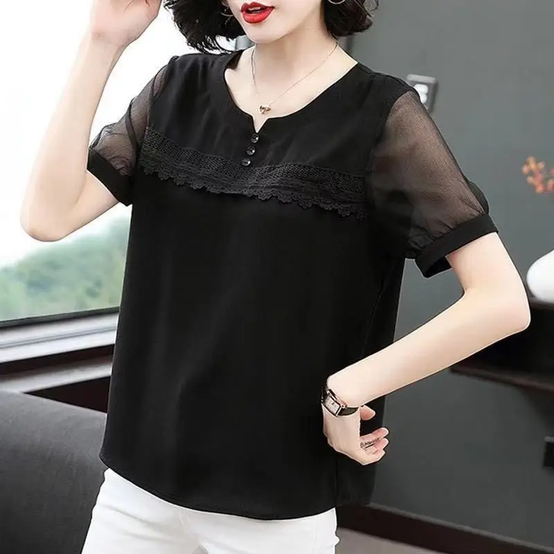 New Summer Women\'s Solid O-Neck Short Sleeve Loose Plus Size Classic Blouse Patch Lace Fashion Casual All Match Commute Tops