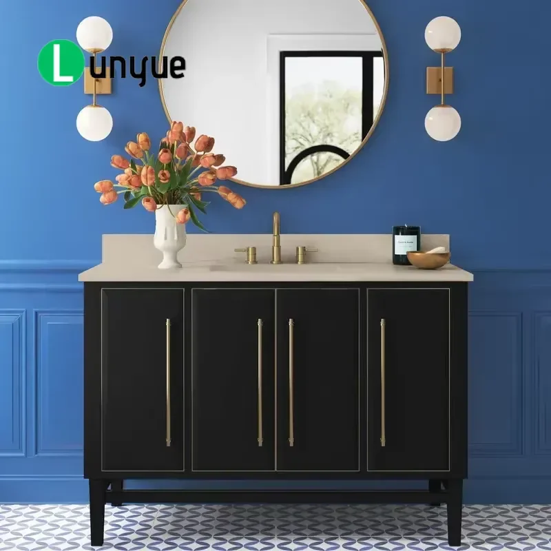 48 Inch Modern Navy Blue Floor to Ceiling Bathroom Vanity with Faux Marble Top Single Sink and Storage Cabinet for Home Decor