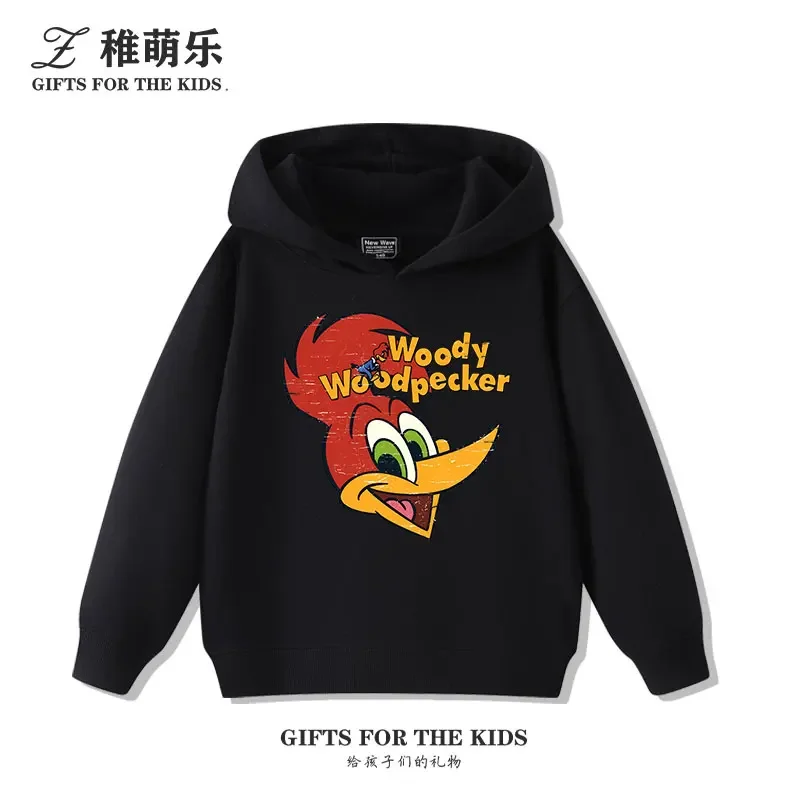 

Sweat-shirt à capuche pour enfants, imprimé animé Woodpecker Woody, nouveau haut ample polyvalent en polaire pour adolescents,
