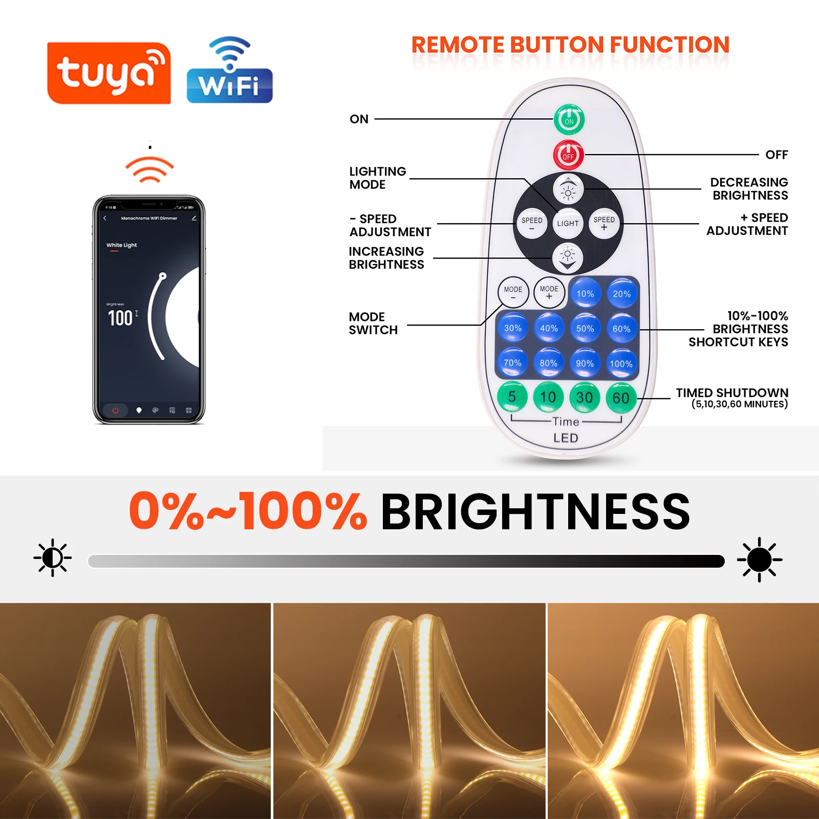 Tuya WIFI Alexa Control Dimmerable AC 220V COB Strip IP65 Waterproof Bluetooth Flexible Ribbon Stripe Chain Tape LED Light