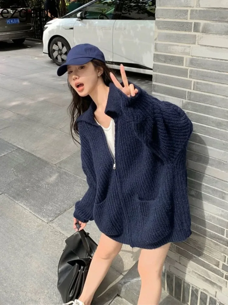 

Ezgaga Knitted Cardigan Women Zipper Autumn Winter Loose Turn Down Collar Loose Solid Pockets Sweater Outwear Female Casual
