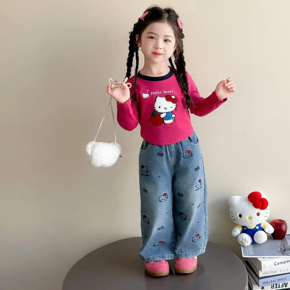 

Sanrio Hello Kitty Girls Set Spring Autumn New Little Girl Cartoon Long Sleeve T-Shirt Autumn Children's Jeans Two-Piece Set
