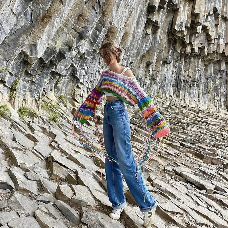 Gestreepte Oversized Trui Vrouw Kwastjes Gebreide Kiel Crop Top Lange Mouw Korte Truien Y 2K Grunge Kleding