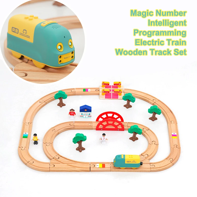 Magic Number Intelligent Programming Electric Train Wooden Track Set, Whistle/Sticker Command Sensing Magical Children's Toy