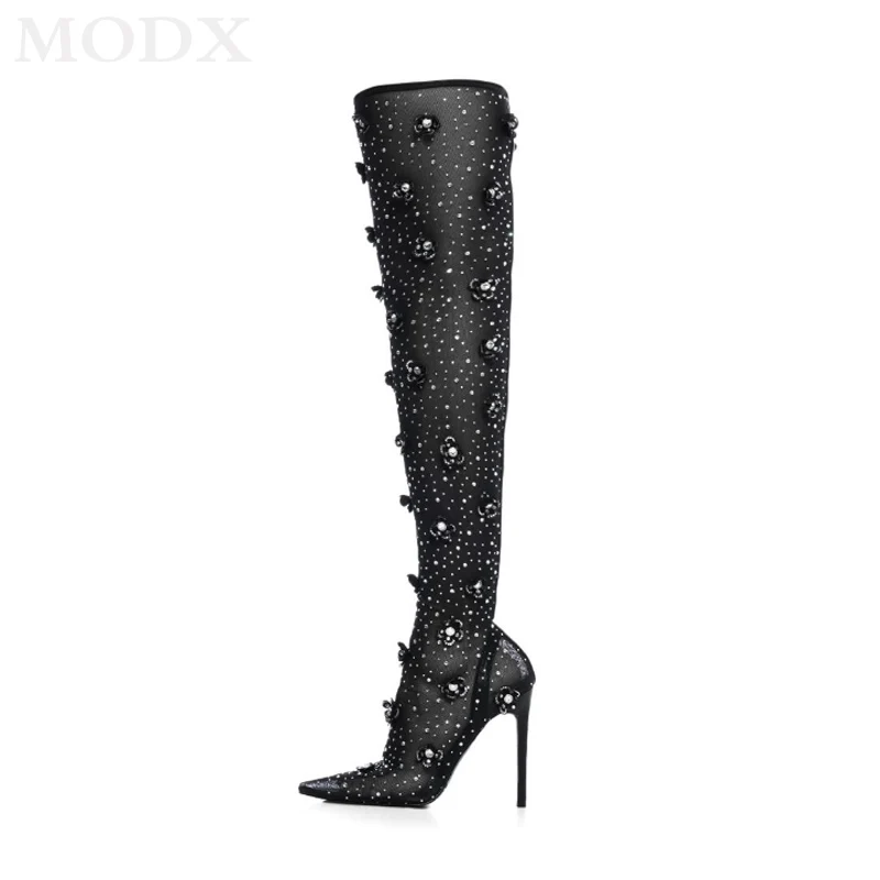 Rhinestone Over-the-Knee Boots Breathable Mesh Design Pointed Toe Super High Heel Boots Crystal Flower Decor Fashion Runway Shoe