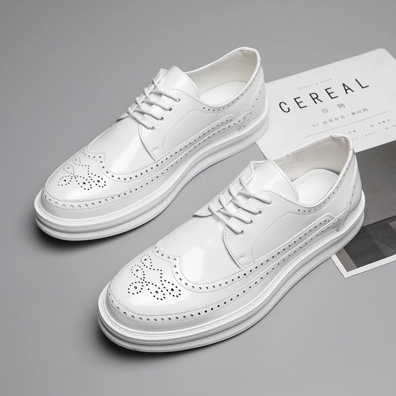 Men Derby Shoes White Dress Men Business Patent Leather Men Shoes Party Flat Shoes Classic Formal Fashion Leather Shoes Leisure