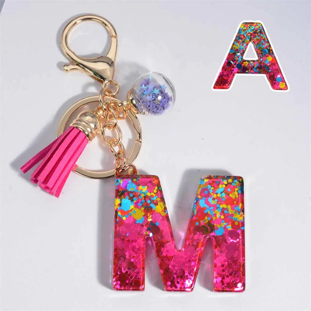 Fashion Tassel Star Ball 26Letters Keychain Colorful Sequins Resin Key Ring for Women Girls Car Handbag Phone Case Pendant Gifts