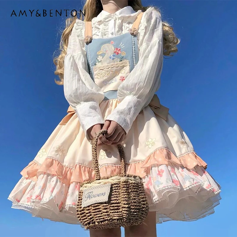 

2025 New Japanese Summer Cartoon Printed Denim Vest Suspender Layered Dress For Women