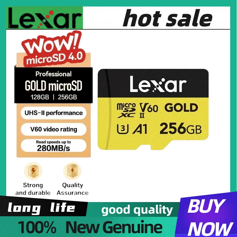 Lexar 256GB Original Professional Gold Micro SD Card Flash Card V60 A1 C10 MicroSDXC TF Card Read Max 280MB/s For Camera