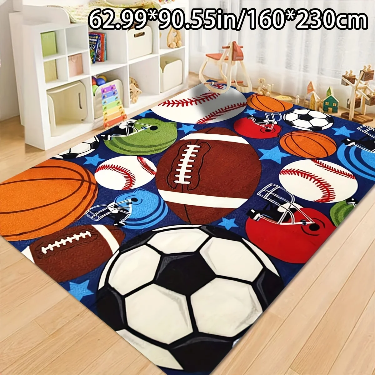 VIKAMA Kids Sports Ball Area Rug,Non‑Slip Mat,Football Basketball Soccer Baseball Print Carpet for Boys Bedroom Playroom Decor