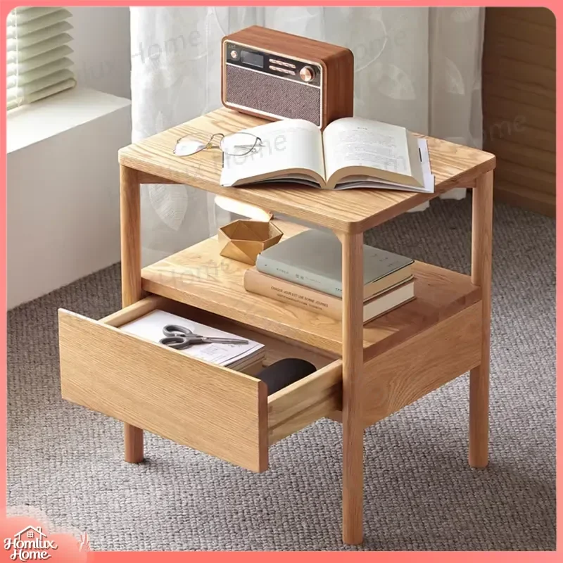 202606 Modern Wooden Bedside Table with Built-in Lamp Living Room Bedroom Side Table Nightstand with Storage Solid Wood Lamp