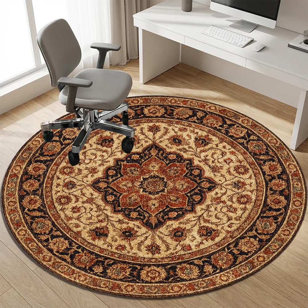 1pc Round Velvet Carpet, Soft and Comfortable Decorative Rug for Bedroom, Vintage Floral Pattern in Warm Tones, Elegant Persian Style Design. Modern Minimalist Mat, Machine Washable for Living Room, Bedroo