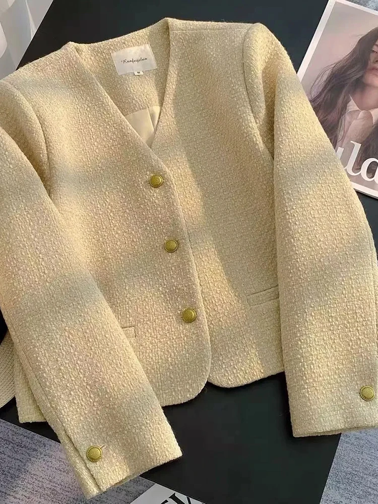 

Zoki Женская Элегантная Тонкая Куртка Осень Винтаж V-образным Вырезом С Длинным Рукавом Милое Короткое Пальто Французский Ретро Леди Универсальные Маленькие Ароматные Топы