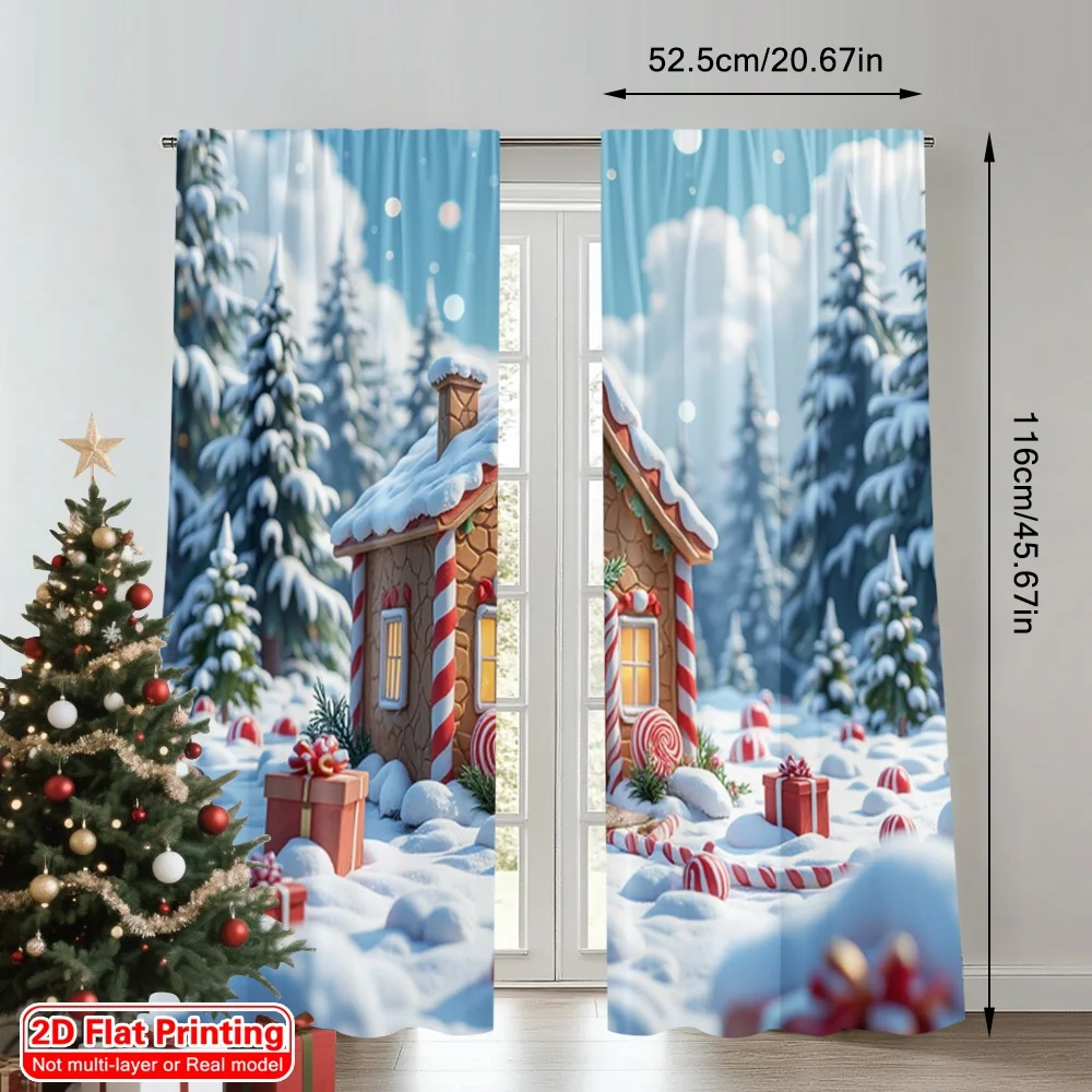 2pcs 2D flat printing Christmas Scene Curtain Gingerbread House Candy Winter Wonderland Polyester Fabric Without Electricity