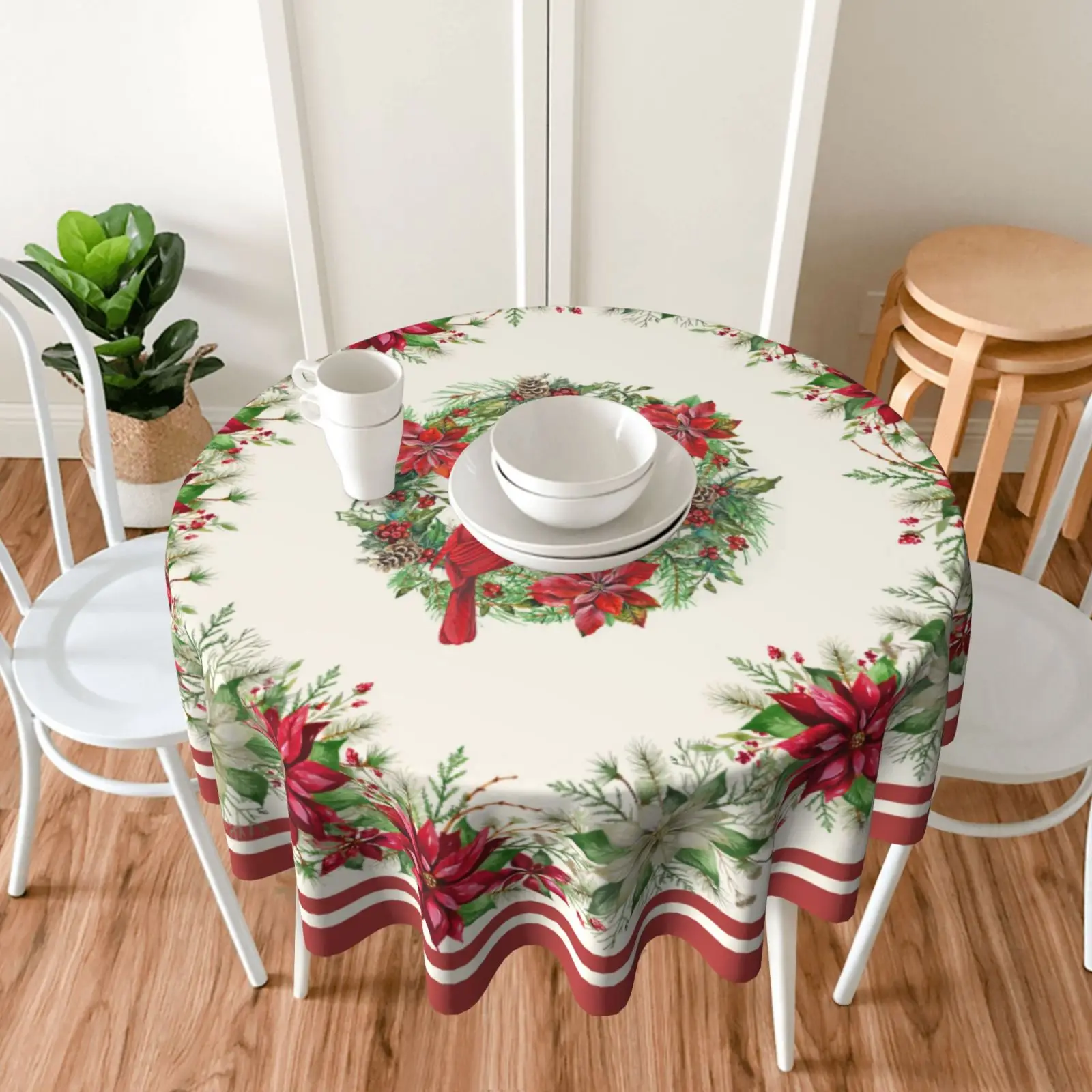 Red Cardinal Bird Tablecloth Round Red White Floral Table Cloth Washable Banquet Table Cover for Home Party Picnic Dinning Decor