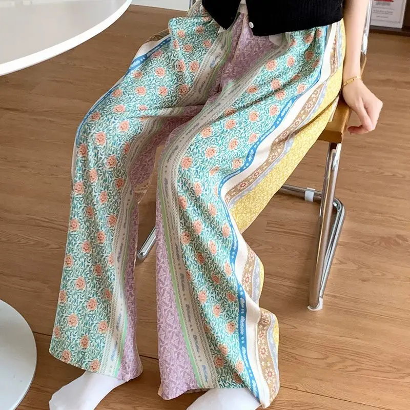 

New Summer Pajamas Pants Women's Nine-point Wide-leg Home Pants Printed Trousers Sleep Wear Nightwear Woman Pj Pajama Cotton Pjs