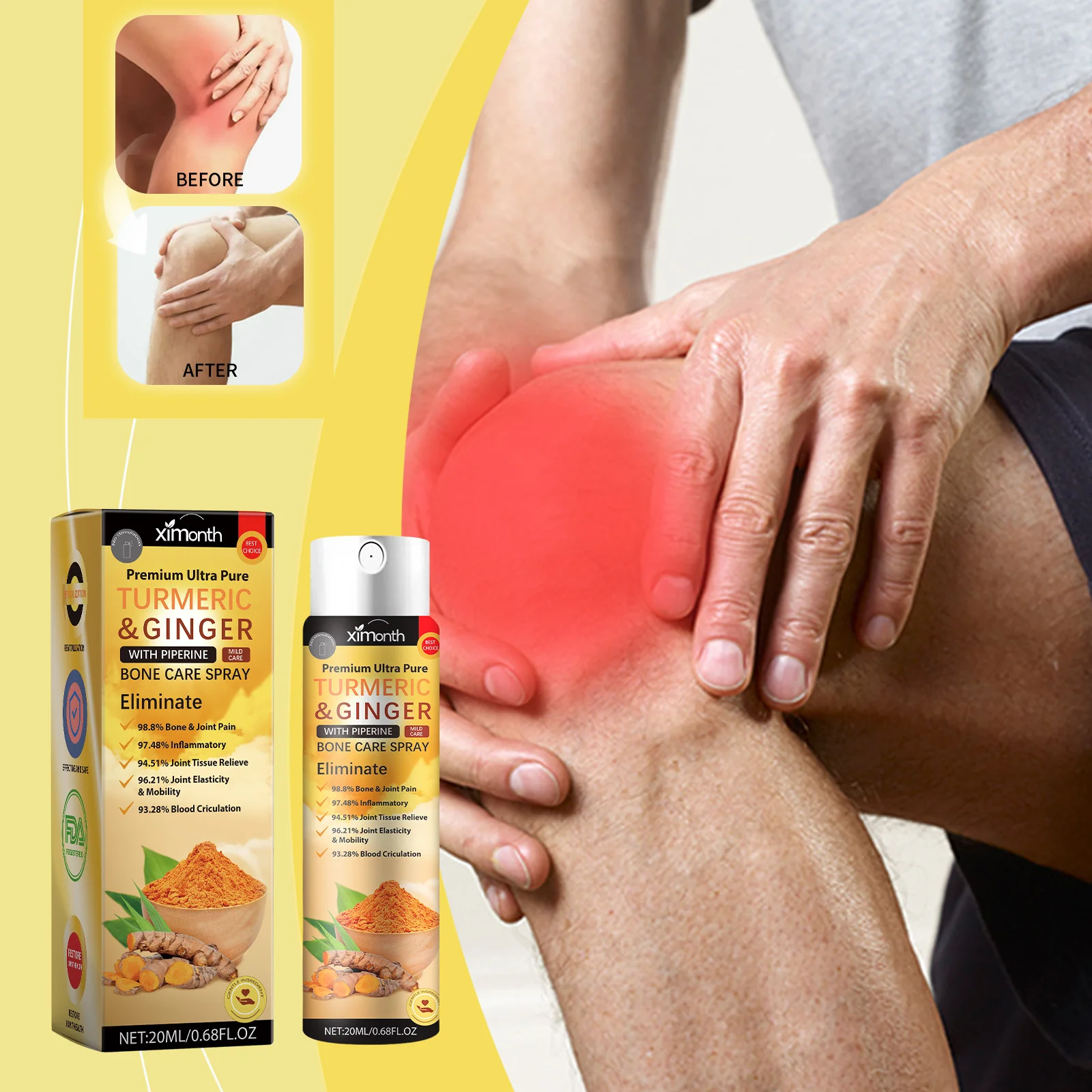 Turmeric Ginger Bone Care Spray Relieve Joint Muscle Pain Improve Joint Mobility Blood Circulation Massage Body Care Spray 20ml