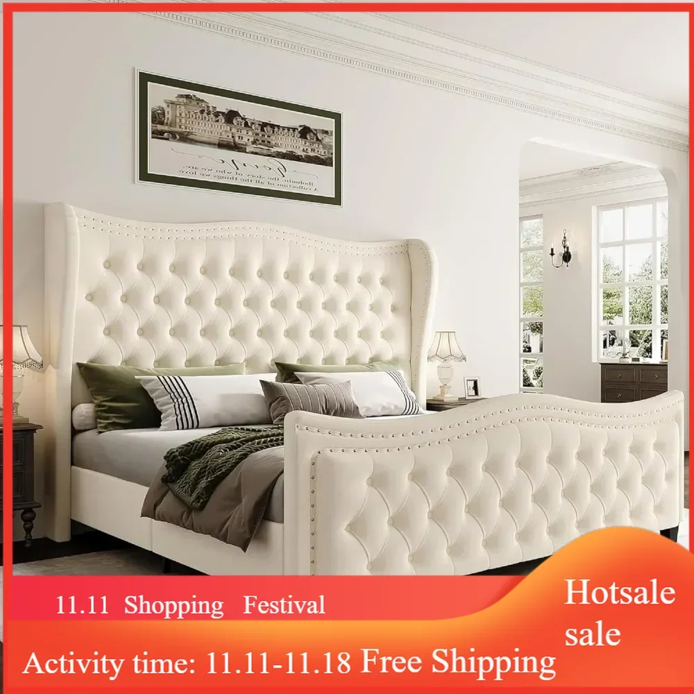 Bed Frame, Headboard Upholstered Bed with Tall Footbaord, Velvet Handmade Pleats Deep Button Tufted Wingback Platform Bed