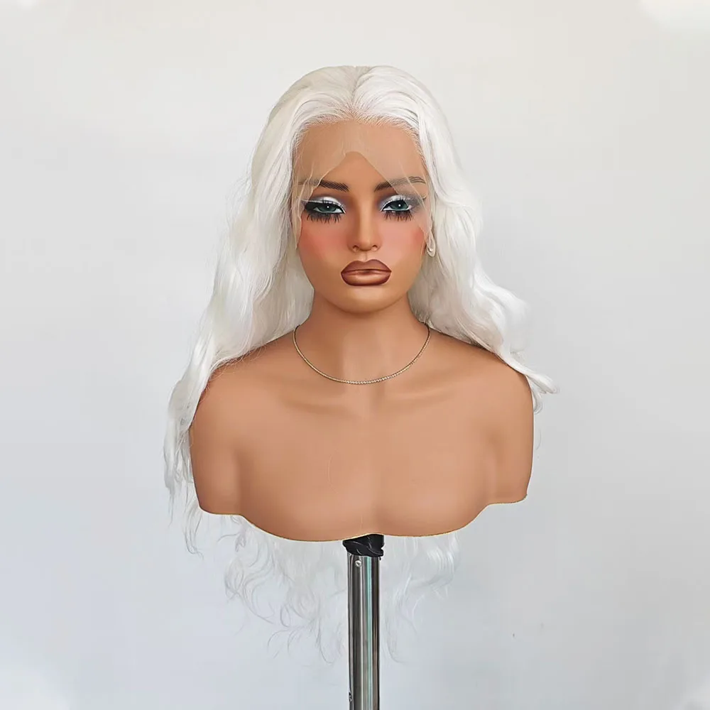 RDY White Wig Loose Wave Wig Synthetic Frontal Lace Wigs for Women White Color Long Wavy Heat Fiber Lace Wig Cosplay Makeup Use