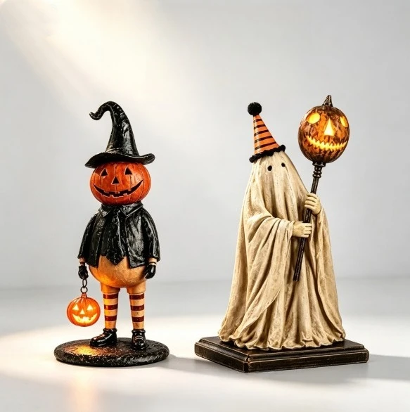 Light Up Halloween Figurine Resin Pumpkin Witch Ghost Statue Vintage Glowing Spooky Decor for Home Tabletop Party Use