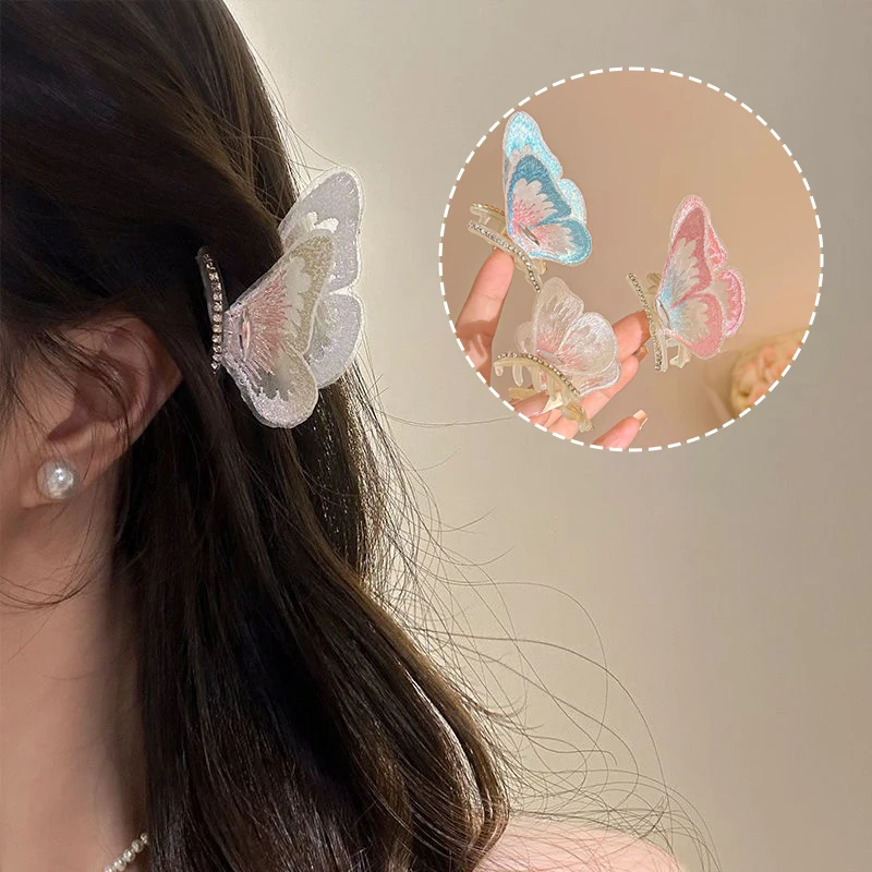 Embroideries Fluttering Moving Butterfly Hair Claw Crystal Clip Hairpin Girl Sweet Hair Accessories