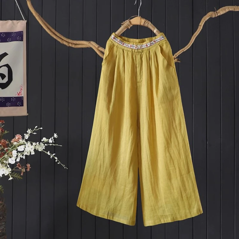 

100% льняные женские широкие брюки, Новое поступление, лето 2022, винтажный стиль, свободные женские повседневные брюки до щиколотки с вышивкой, M1796