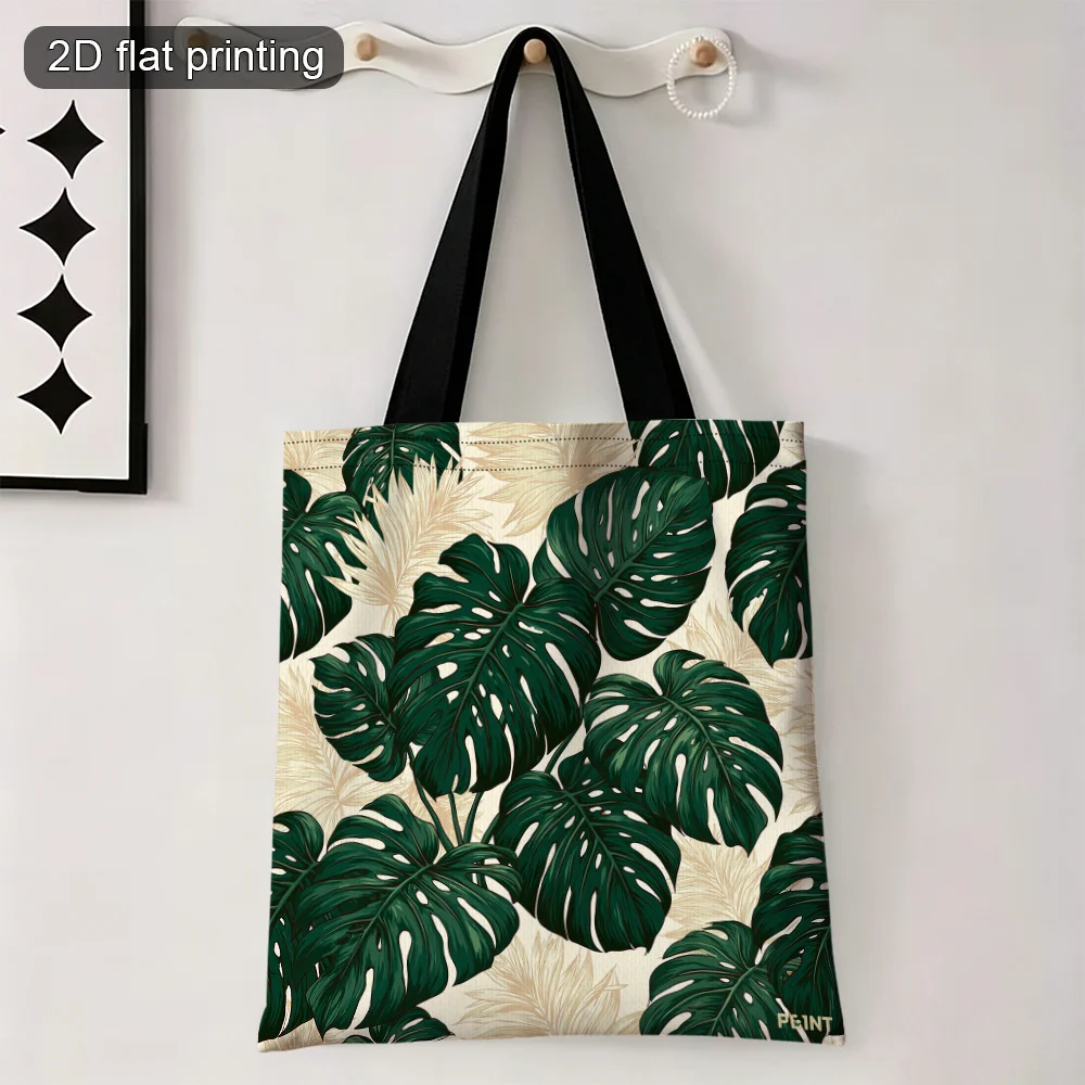 1pc Tote Bag with 2D Flat Effect, Base with Dark Green Monstera Philodendron Palm Tropical Plant Print, Large Capacity and Porta