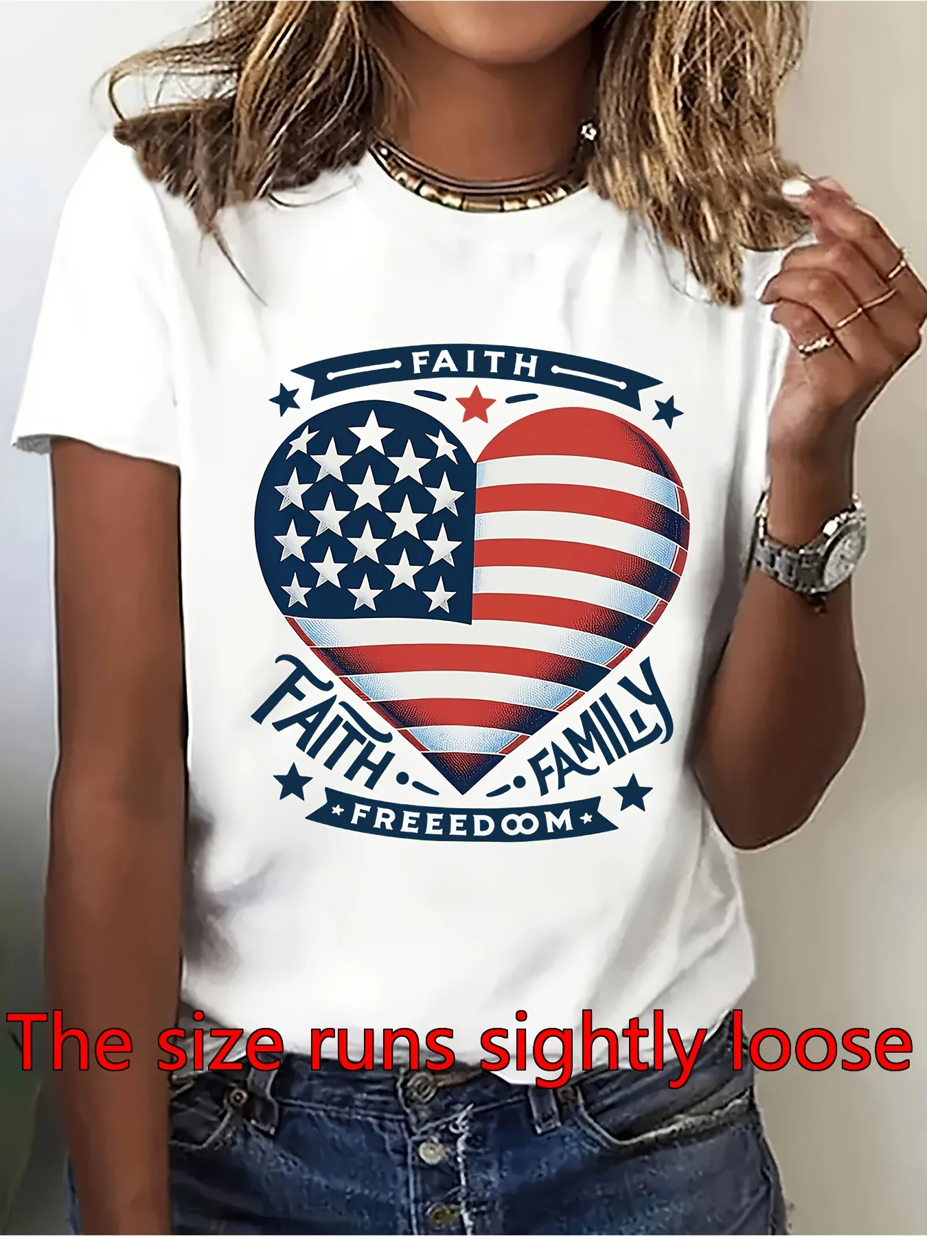 Plus Size Retro Patriotic Women Tshirt Letter Faith Family Freedom US Flag Heart Star Print Crew Neck Short Sleeve Soft Breathable Fabric Shirts Suitable for Independence Day Everyday Looks Year-Round Casual Wear