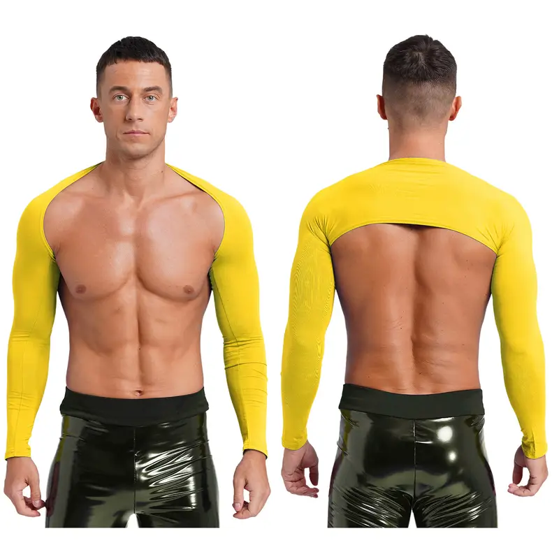 Men Open Front Half Crop Top Solid Long Sleeve Cardigan Bolero Shrug Tops Muscle Arm Sleeves Workout Sports Gym Tops Clubwear - Image 10