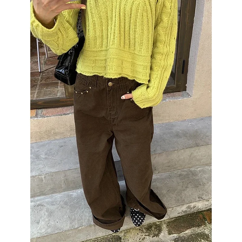 Y2K レディース ゴシック ブラウン ストリートウェア ハイウエスト レトロ ワイドレッグパンツ リベット付き カジュアルパンツ アメリカンファッション 原宿スタイル