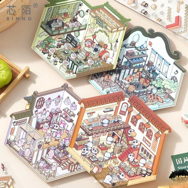 Chinese Style 3D Landscaping Stickers Cartoon Cabin Scene Visual Stacking Stickers DIY 3D Sticker Festival Gift For Ren