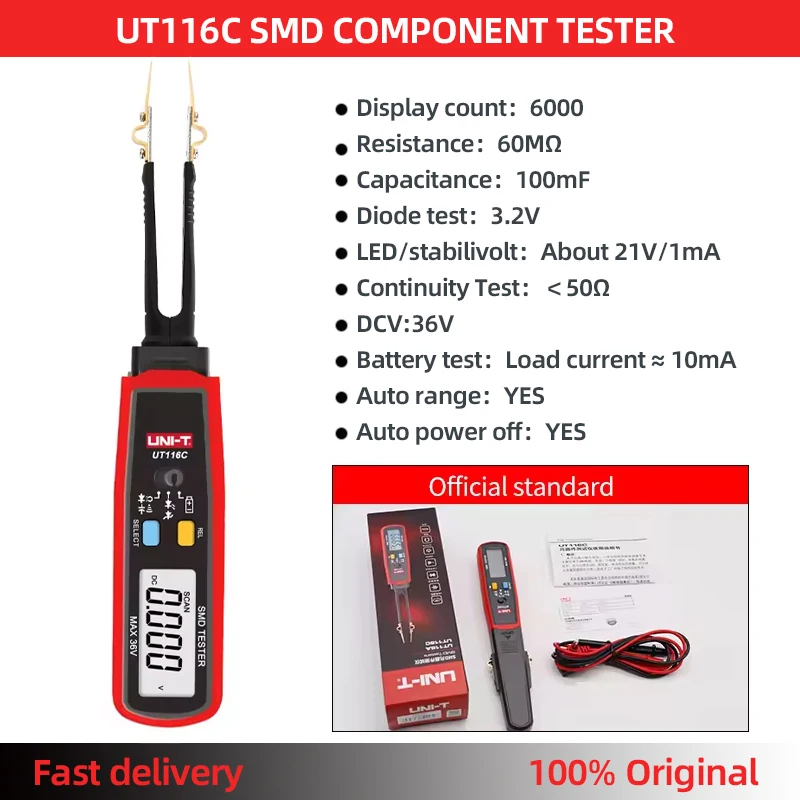 UNI-T UT116C UT116A SMD Tester Meter Rotable Tweezer Resistance Capacitance LED Diode Continuity Battery Tester