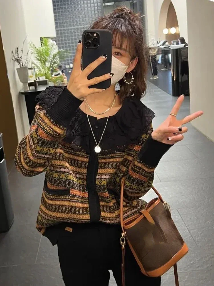 หวานถักเสื้อกันหนาว Ropa MujerWomen เสื้อผ้า Patchwork เสื้อสเวตเตอร์ถักหญิงลูกไม้ Peter Pan ปลอกคอสุภาพสตรีเสื้อแฟชั่น ted r