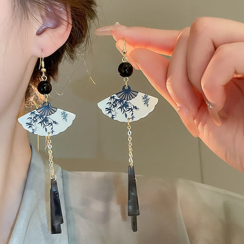 

New Chinese-Style Bamboo-Patterned Fan-Shaped Stud Earrings Trendy Waterdrop Butterfly Drop Earrings Retro Versatile Earrings