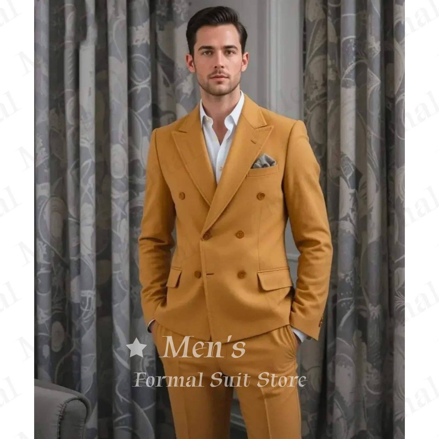 

Vintage Mens Formal Yellow Double Breasted Suit 2 Piece Slim Fit Blazer And Pants Wedding Groom Prom Office Customized
