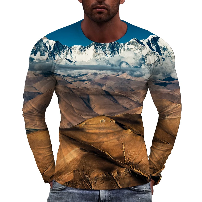 New Long Sleeve Tees Round Neck Large Men's Top Snowy Mountain Scenery Image Print T-shirt