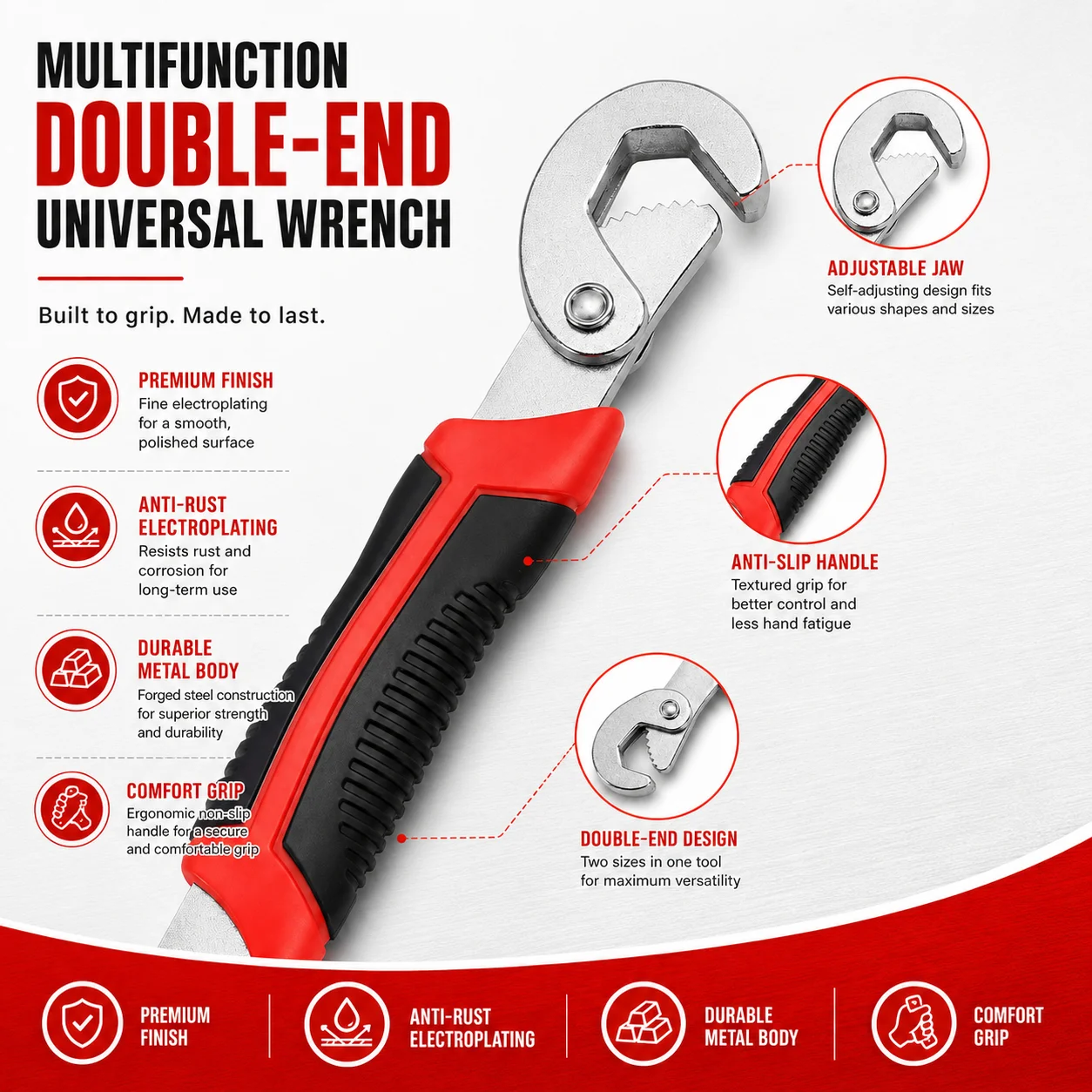 PINMOAP 1PC Heavy Duty Double Head Wrench Universal Repair Spanner Multi Function Tool For Car Bike Motorcycle Household Use