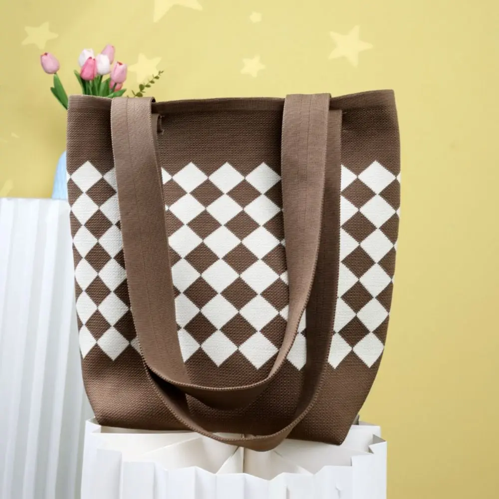 Borsa a tracolla lavorata a maglia a rombo Borsa tote scozzese di grande capacità all'uncinetto Maniglia comoda Borsa sotto le ascelle in tessuto casual Shopping