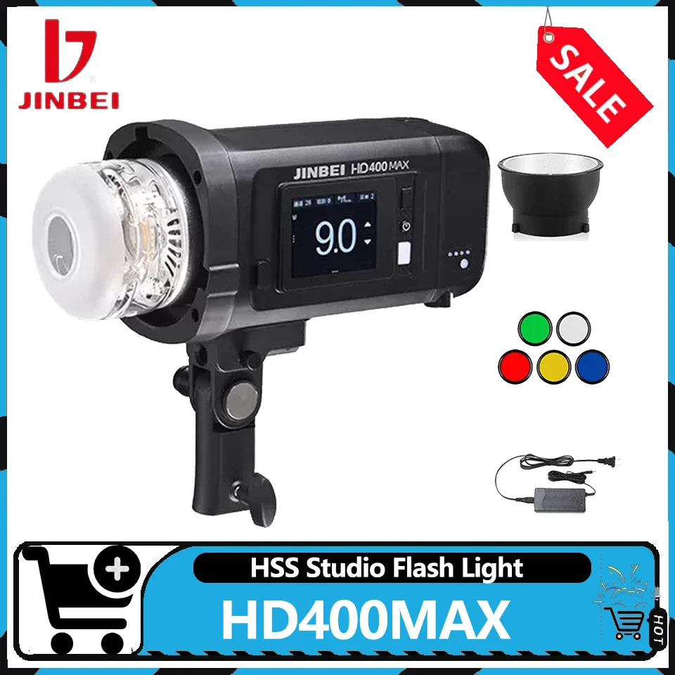

Вспышка JINBEI HD400MAX 400W TTL HSS с HD-сенсорным экраном для уличной съемки, время восстановления 0.01-0.9 с, для фотостудий