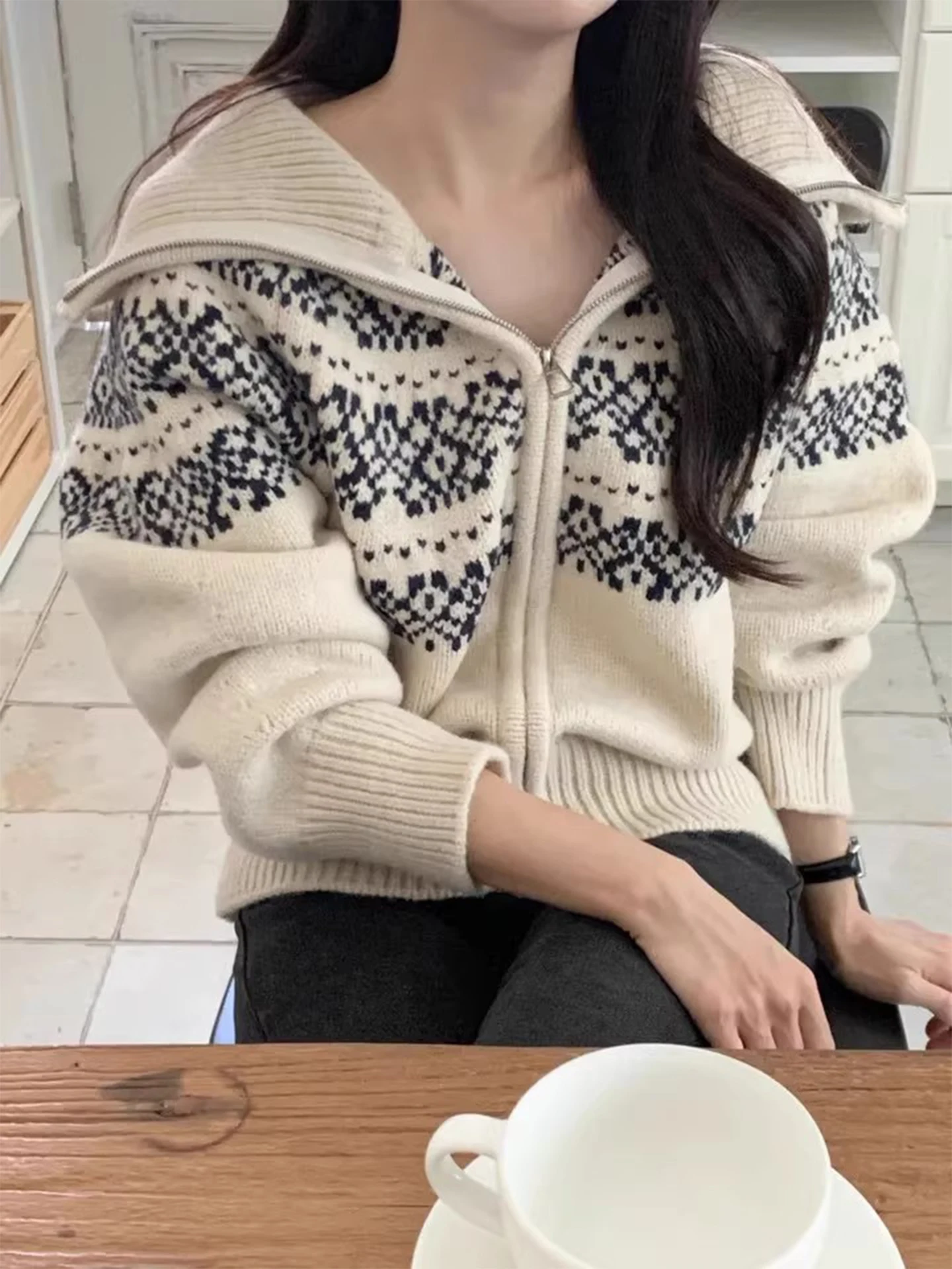 

Ladies' Lazy Sle Fair Isle Knitted Cardigan Sweater Collared Open Front Winter Faion Color Blo Loose Fit Long Sve