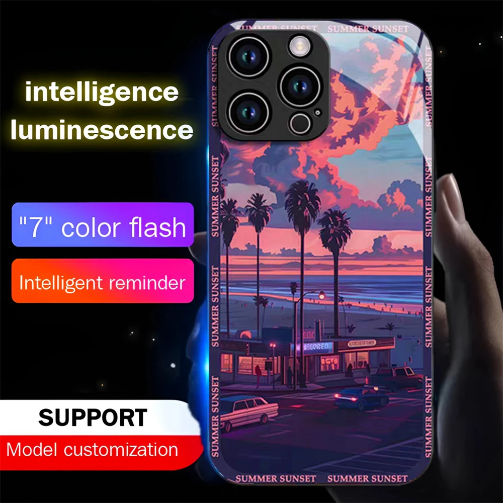 Sommer-Sonnenuntergang-Design Schallgesteuerte LED-Blitzhüllen Leuchtende Glasabdeckung für iPhone Air 17 E 16 E 15 14 13 12 11 Pro Max Plus – Detail 11